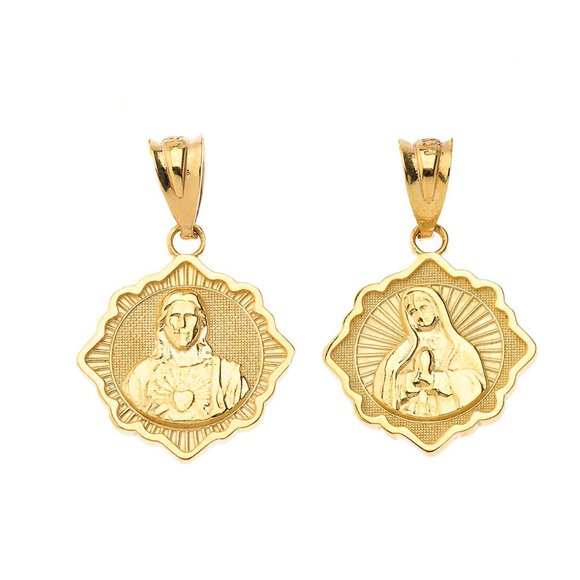 10K Solid Gold Reversible Virgin Mary and Jesus Christ Pendant Charm